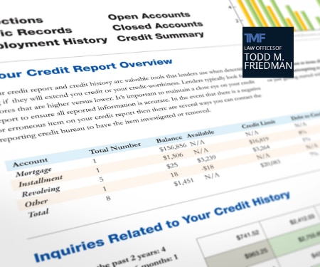 Close-up of a credit report overview, displaying account details such as mortgage, installment, revolving, and others with balance and available credit. The TMF Law Offices logo is visible, your trusted consumer protection attorney. Consumer Rights