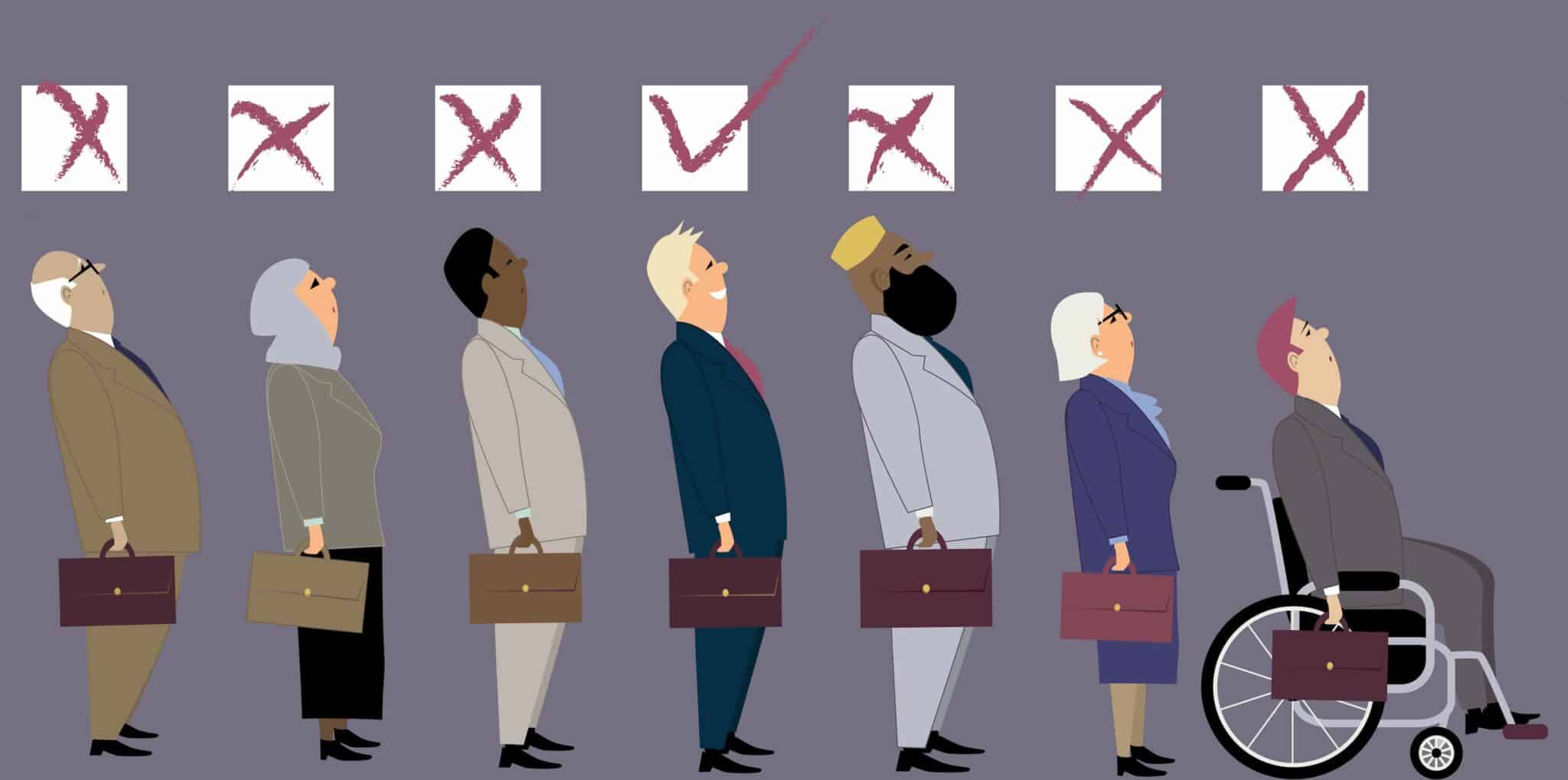 Illustration of diverse professionals in a line with five checkboxes above, one marked with a check and all others crossed out, suggesting the expertise of a Los Angeles employment attorney through careful selection. Employment Law