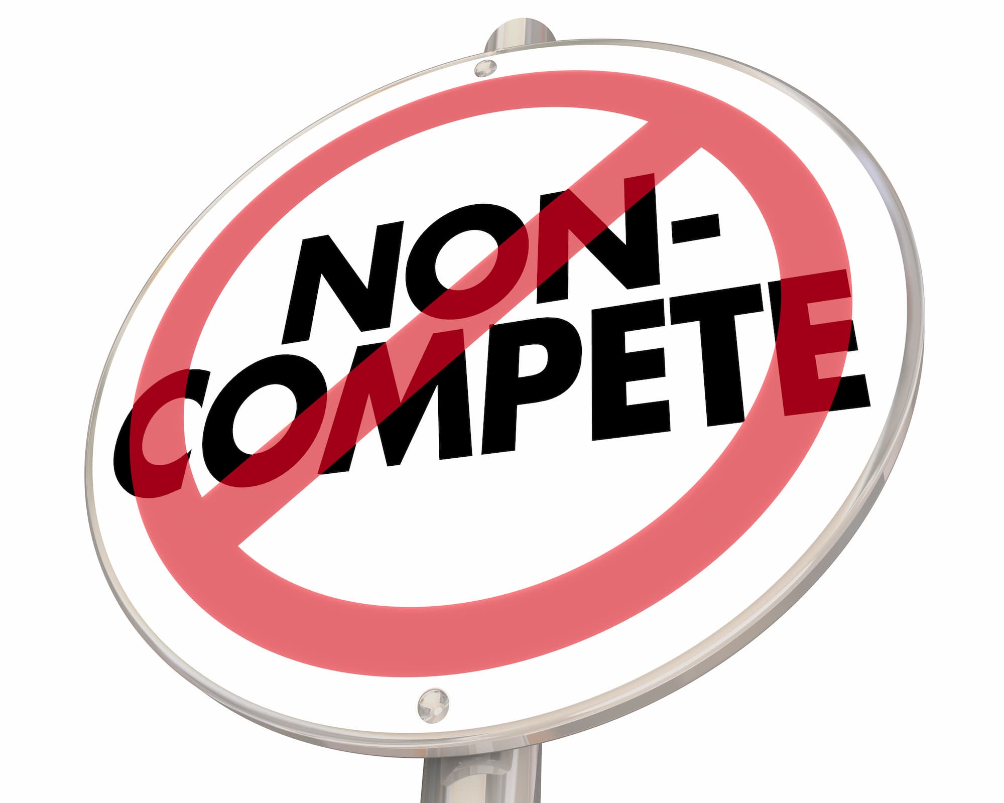 A sign with the words "Non-Compete" crossed out by a red circle and diagonal line, symbolizing prohibition—a familiar sight for any employment lawyer in Los Angeles dedicated to protecting workers’ rights. Employee Rights