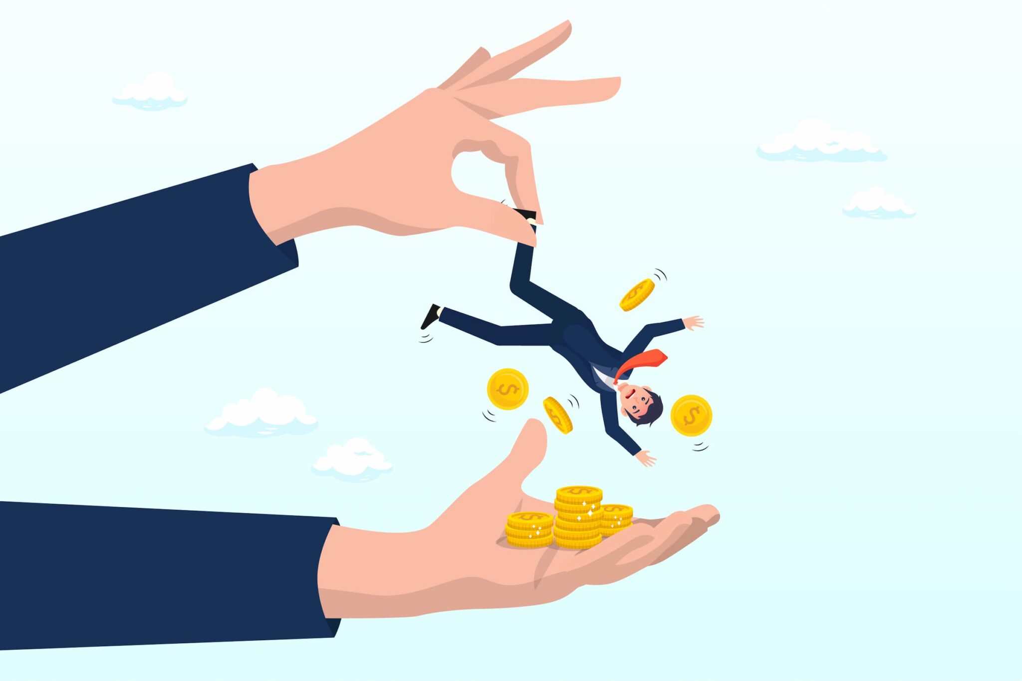 Illustration of a giant hand holding a businessperson upside down, shaking out coins into the eager hands of a Los Angeles employment attorney. In the background, clouds drift by, adding a whimsical touch to this depiction of advocacy and protection amidst financial turmoil. Employment Law