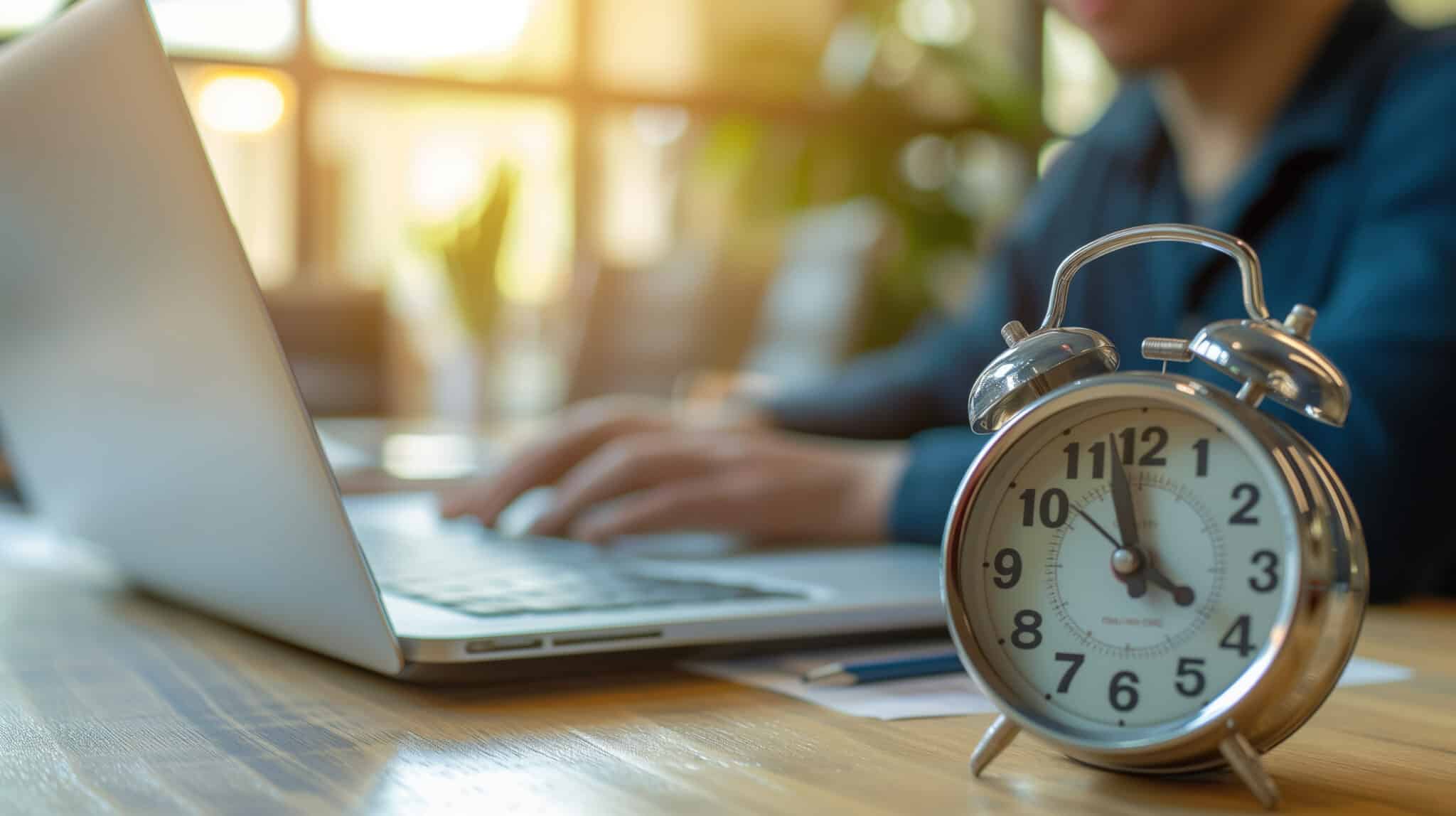 An analog alarm clock sits on a desk next to a person typing on a laptop, perhaps crafting an email to their Los Angeles employment attorney, in a bright, blurred office setting.