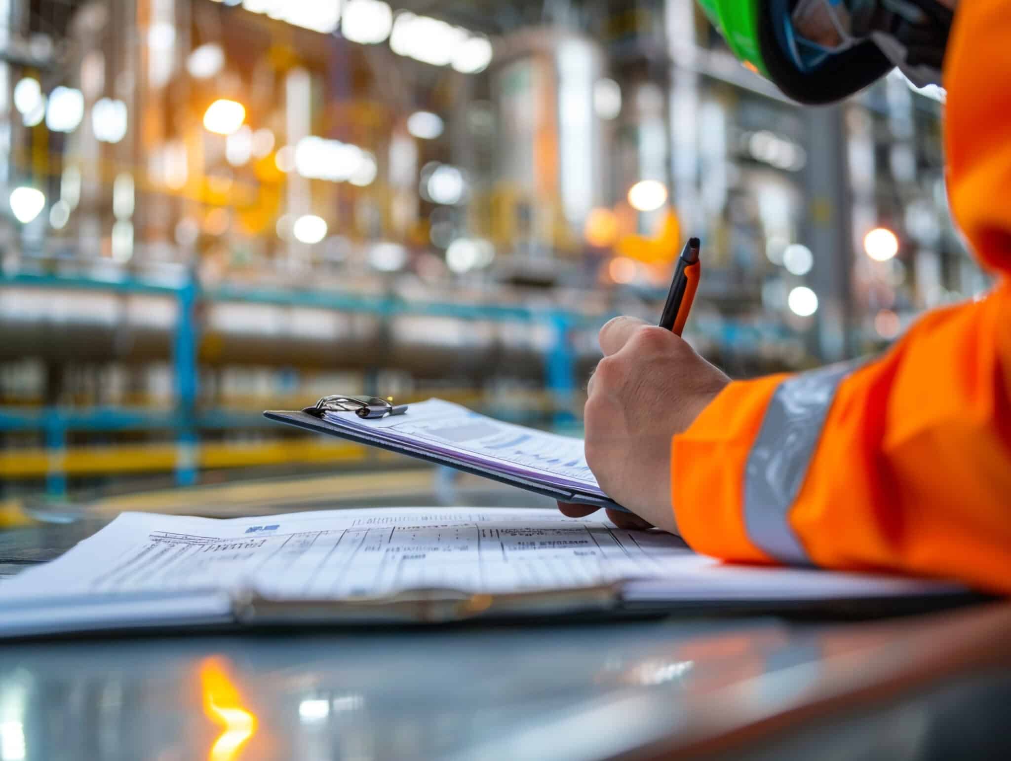 A person in orange safety gear writes on a clipboard in an industrial setting, machinery blurred in the background, emphasizing the diligence of a Los Angeles employment attorney ensuring workplace safety compliance. Employee Rights>Retaliation